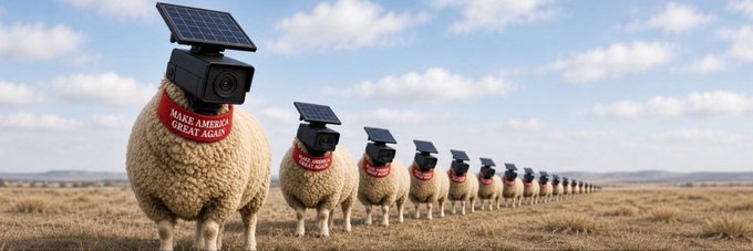 A line of sheep wearing solar-powered cameras and "Make America Great Again" red scarves stretches across a barren landscape, visually satirizing surveillance and blind conformity. The image ties into $SHEEPLE's upgraded Pro presence on Moby, reinforcing the meme token's theme of "sheeple" followers being led by propaganda-like imagery.