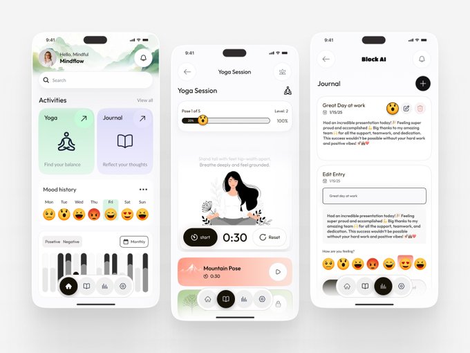 Mockups of a 'Mindful Mindflow' app showing screens for Activities (Yoga, Journal), a Yoga Session timer, and a Journal entry titled 'Great Day at work'.