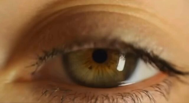 The image shows an eye with green eyeshadow, which contrasts with the gray background. The focus of the image is on the eye and its makeup, creating a visually striking composition that highlights the subject's features.