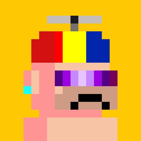 A pixel art image shows a character with pink skin wearing a multicolored propeller hat (red, yellow, blue) and pixelated purple sunglasses against a solid yellow background.