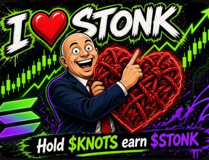 A colorful cartoon-style graphic reading "I ❤️ STONK" featuring an excited bald man holding a red knitted heart, with text "Hold $KNOTS earn $STONK" and Solana logo.