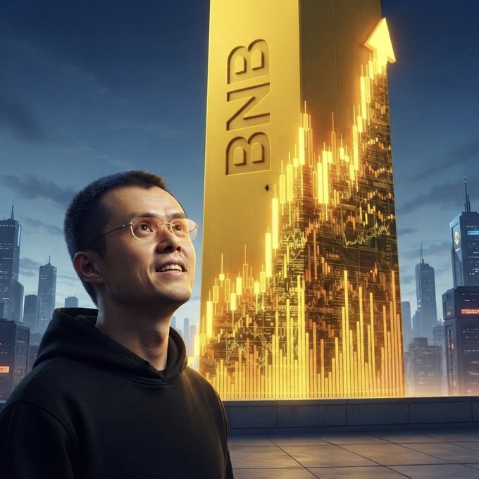 A man wearing glasses gazes upward with an optimistic expression at a glowing golden "BNB" monument featuring a rising candlestick chart and upward arrow, set against a city skyline. The image visually reinforces the post's enthusiastic BNB ticker promotion with its bullish market imagery.