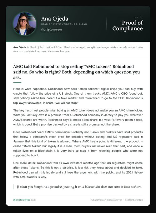 An article by Ana Ojeda titled 'Proof of Compliance' discussing the dispute between AMC and Robinhood regarding 'AMC tokens' and their legal status.