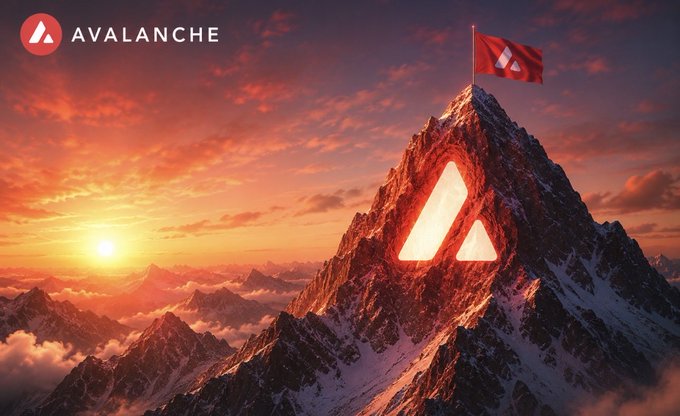 The image features a mountain with a flag flying from its peak, which has an "A" on it. The sun is setting behind the mountains, creating a beautiful backdrop for the scene. The text in the image reads "Avalanche isn't dead. It isn't dying. That's what I think anyway." This message emphasizes that Avalanche is still relevant and thriving despite its age or the passage of time.