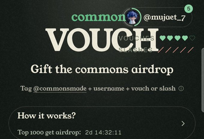 A screenshot from an app showing "VOUCH" in large letters, "Gift the commons airdrop" text, the username "@mujaet_7", and a countdown timer for a "Top 1000 get airdrop" event.
