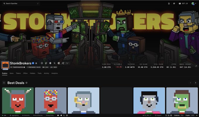 A screenshot of a cryptocurrency/DeFi platform showing a token called 'StonkBrokers' with a pixel-art themed banner and 'Best Deals' section displaying various pixel character avatars.