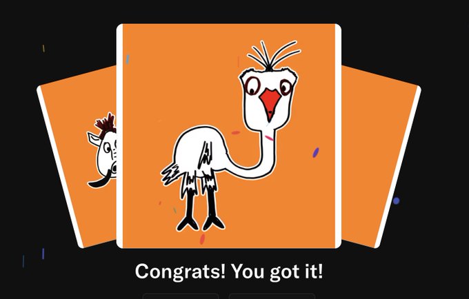 The image features a cartoon drawing of an ostrich with a red beak, standing upright against a black background. The drawing includes text that reads "Congratulations! You got it!". The image also contains three smaller images of the same cartoon ostrich, placed in different positions within the frame. These smaller images are positioned at the top left corner and the bottom right corner of the main image.