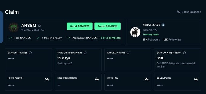 A "Claim" dashboard for $ANSEM displays the user "The Black Bull" has completed 3 of 3 requirements (Hold $ANSEM, X tracking ready, Post about $ANSEM), showing 15 days of holdings since the first buy on Jul 8 and 35K impressions on $ANSEM-related posts—visually supporting the post's complaint about still awaiting a reward despite meeting all criteria.
