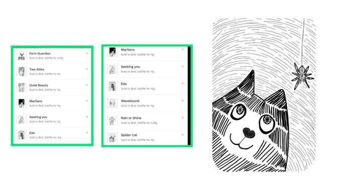 A composite image showing two Spotify playlist lists ('Martians' featuring songs like 'Two Allies', 'Quiet Beauty', 'Seeking you', 'Eda') alongside a black-and-white illustration of a cat watching a spider descend.