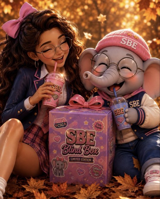 An illustration depicts a girl with a pink bow and glasses alongside an elephant wearing a pink beanie and jacket labeled "SBE", both drinking from "SBE" cups next to a purple "SBE Blind Box LIMITED EDITION" gift box.