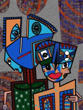 A colorful cubist-style painting featuring abstract faces in shades of blue, orange, and green with intricate patterned details.