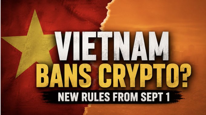 The image boldly declares “VIETNAM BANS CRYPTO?” with “NEW RULES FROM SEPT 1” underneath, set against a split Vietnamese flag and orange backdrop.