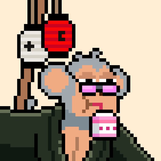 A pixel art illustration of an older woman with gray hair and pink sunglasses drinking from a pink can, with a mailbox showing a 'C' and a white package behind her.