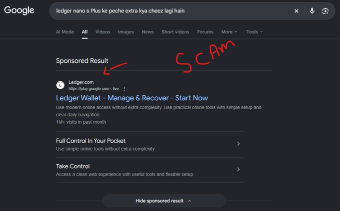 A Google search results page in dark mode showing a search query in Hindi/Hinglish about Ledger Nano S Plus, with a sponsored result labeled 'Ledger Wallet - Manage & Recover - Start Now' annotated with handwritten 'SCAM' text.