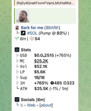 The image shows a pump.fun token page for $BARK (Bank for me) with a market cap of $25.2K, 54 holders, and 1B/1B supply, capturing the exact moment the poster called the token before its 40x run to $1.2M.