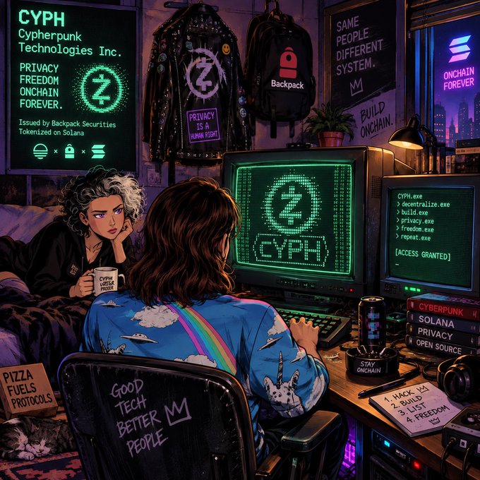The image depicts a stylized, retro-futuristic scene of two people at a computer setup, with one person typing at a monitor displaying "CYPH" in glowing green text, surrounded by posters and merchandise reading "CYPHERPUNK TECHNOLOGIES INC," "PRIVACY FREEDOM ONCHAIN FOREVER," "PRIVACY IS A HUMAN RIGHT," "BUILD ONCHAIN," and "ONCHAIN FOREVER," along with a Backpack-branded bag. This visually reinforces the post's announcement that Cypherpunk crypto culture is alive on-chain, highlighting $CYPH and Backpack's role in advancing privacy through their Cypherpunk Account.