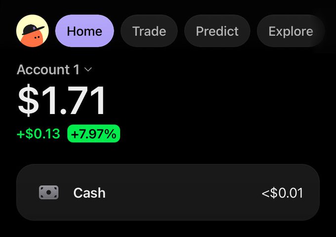 A trading app interface showing an account balance of $1.71 with a gain of +$0.13 (+7.97%) and Cash balance <$0.01.