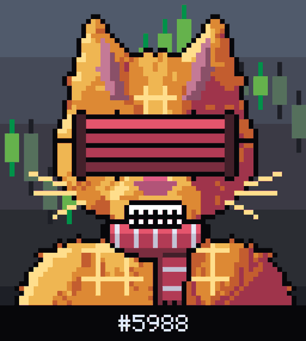 A pixel art portrait of an orange cat wearing pink shutter shades and a striped scarf, with green candlestick chart elements in the background and the text '#5988' at the bottom.