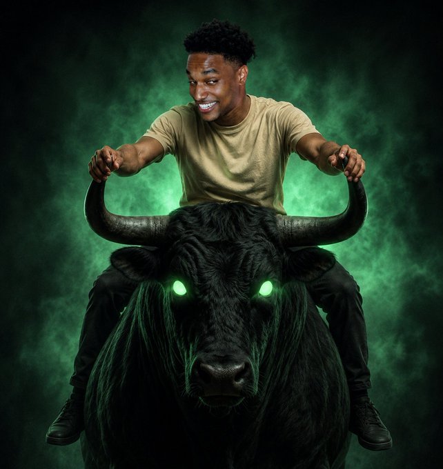 A man with a wide, confident grin rides atop a black bull with glowing green eyes against a smoky green backdrop, gripping its horns in a triumphant pose. The image symbolizes bullish market momentum, visually reinforcing the post's ambitious target of $10 billion market cap and 10 million holders for the $ansem token.