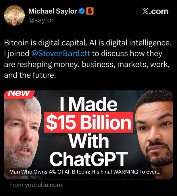 A tweet from Michael Saylor (@saylor) promoting a YouTube interview with Steven Bartlett, featuring a sensationalized thumbnail headlined "I Made $15 Billion With ChatGPT" alongside a "Man Who Owns 4% Of All Bitcoin: His Final WARNING To Ever..." caption. The post's critique of "the fucking thumbnail" highlights how clickbait headlines like this oversimplify Saylor's actual message about Bitcoin being digital capital and AI being digital intelligence.