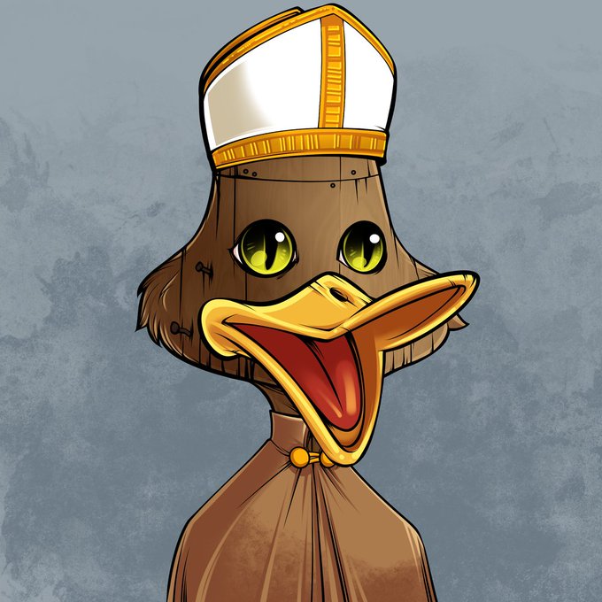 A digital illustration of an anthropomorphic wooden duck character wearing a white and gold hat and brown robes.