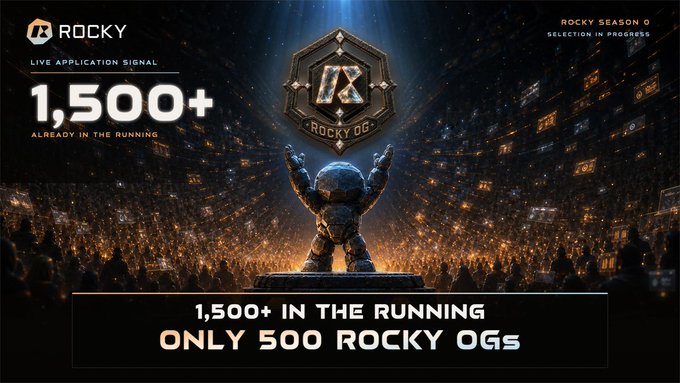 Promotional graphic for Rocky Season 0 featuring a metallic character holding up a 'Rocky OG' shield, highlighting '1,500+ in the running' and 'Only 500 Rocky OGs' as 'Selection in Progress'.