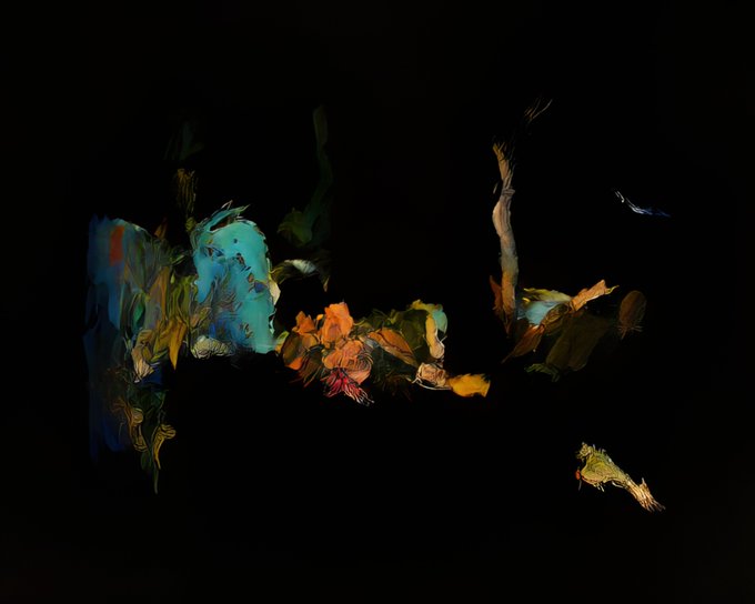A painting with a dark background featuring swirling, abstract shapes in vibrant blues, greens, oranges, and browns.