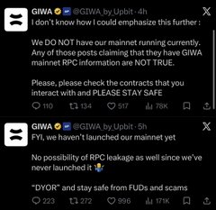 Telegram screenshots from the GIWA by Liqubit channel warning that they have not launched their mainnet yet, advising users that 'no RPC' and 'no leakage' claims are false, and warning about FUDs and scams.
