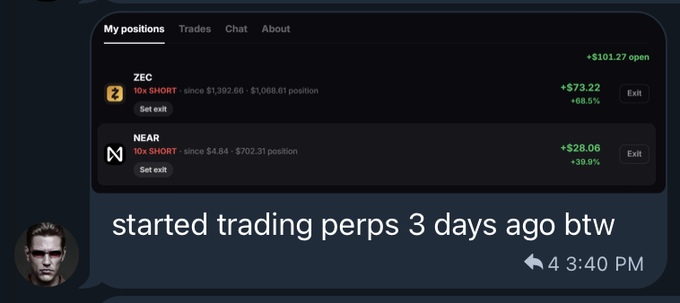 A screenshot of a crypto trading platform showing positions in ZEC (+68.5%, +$73.22) and NEAR (+39.9%, +$28.06) shorts, with a message "started trading perps 3 days ago btw".