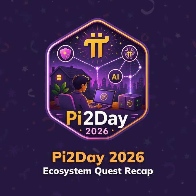 A graphic for 'Pi2Day 2026: Ecosystem Quest Recap' featuring a hexagonal badge with a pi symbol, a person on a laptop, AI/security/fingerprint nodes, and a house silhouette on a purple starry background.