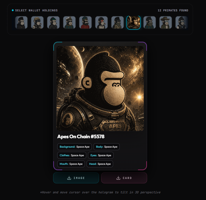 The image shows a screenshot of a website called "ape0nchain", which appears to be a platform for selling items, possibly related to space exploration or adventure. The main focus of the image is an illustration of a monkey wearing a spacesuit, with the text "Apes On Chain #5578" displayed in the bottom right corner. This suggests that the monkey depicted on the website might be a character from a video game or a promotional piece for a virtual reality experience related to space exploration.