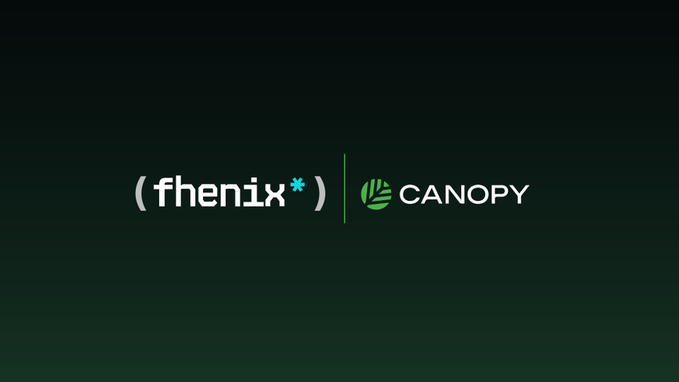 A dark green background displays two logos side by side: '(fhenix*)' in white and teal text, and 'CANOPY' in white text accompanied by a green leaf icon.
