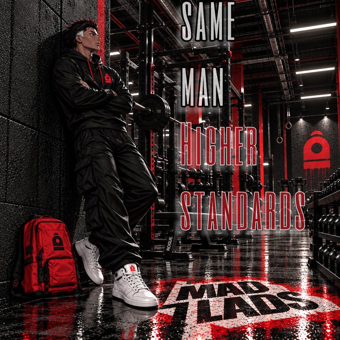 An advertisement showing a man in black athletic wear leaning against a gym wall, with text reading "SAME MAN HIGHER STANDARDS" and "MAD LADS," alongside a red backpack.