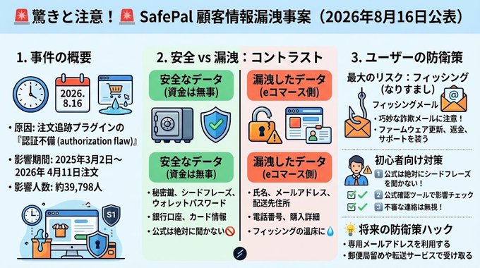 A Japanese infographic titled 'SafePal 顧客情報漏洩事案（2026年8月16日公表）' detailing a customer data breach incident, including timelines, leaked vs. safe data comparisons, and security countermeasures.