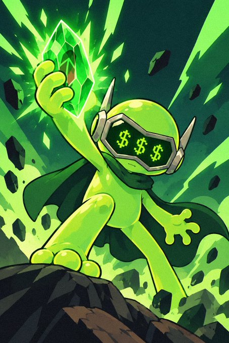 A stylized cartoon illustration of a green alien-like superhero character wearing a visor displaying dollar signs ($$$), holding up a glowing green crystal while standing on a rocky surface.