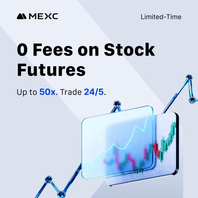 A promotional advertisement for MEXC featuring '0 Fees on Stock Futures' with up to 50x leverage and 24/5 trading.