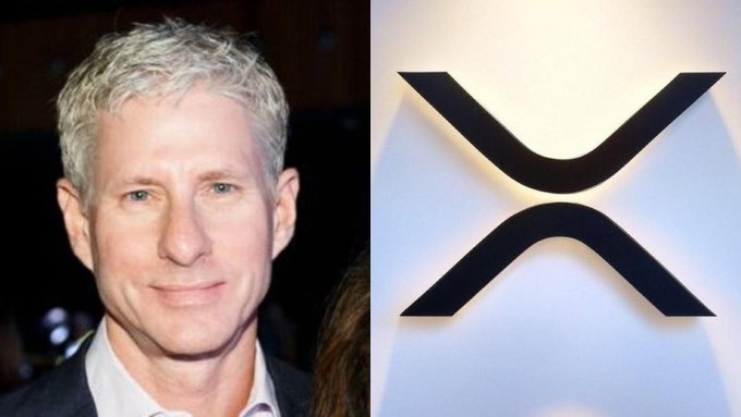 The image is a split composition: on the left is a portrait of Chris Larsen, the co-founder of Ripple, and on the right is the XRP cryptocurrency logo, visually tying the influential figure to the digital asset he helped create.