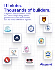An infographic for Algorand titled '111 clubs, Thousands of builders,' showing the logos of student blockchain clubs across India.