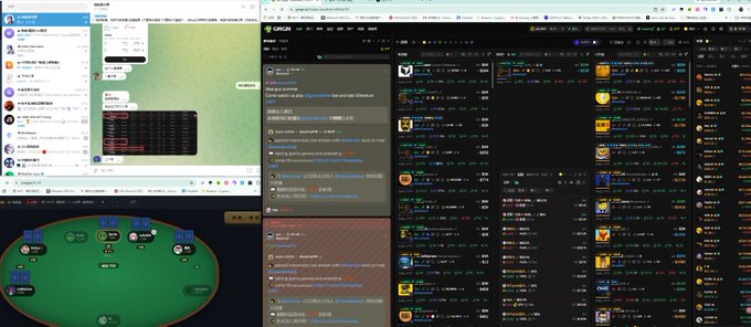Screenshot of a desktop showing a multi-window workspace, including a poker table game (PPPoker), chat/messaging apps, code editors, and what appears to be a trading or analytics interface with lists of items and prices.