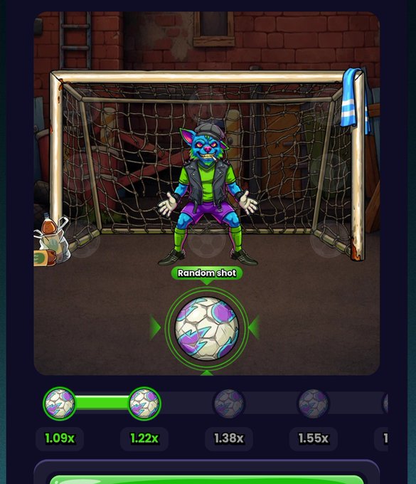 A mobile penalty shootout game screen featuring a blue-haired, masked goalkeeper in front of a net, with a soccer ball labeled 'Random shot' and multipliers (1.09x, 1.22x, 1.38x, 1.55x) shown below.