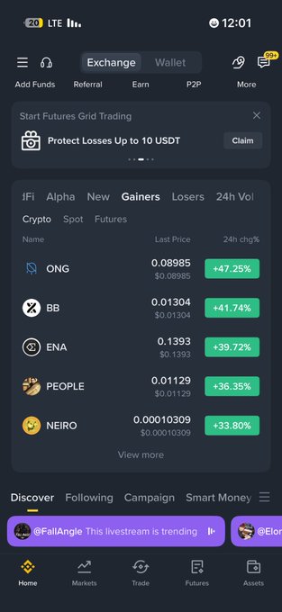 A cryptocurrency exchange app interface showing the Gainers tab with tokens including ONG (+47.25%), BB (+41.74%), ENA (+39.72%), PEOPLE (+36.35%), and NEIRO (+33.80%) in the 24h change column.