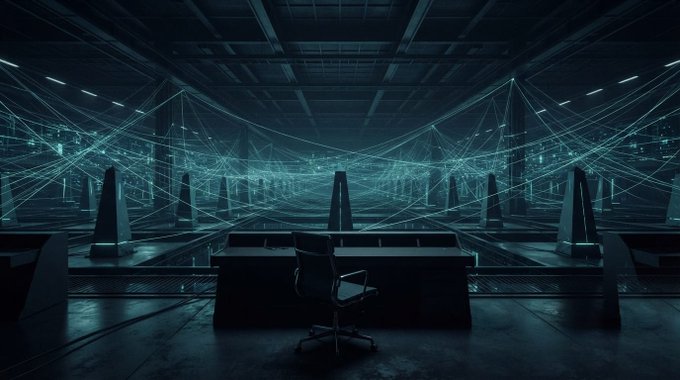 A dark, futuristic command center with a single office chair facing rows of desks, illuminated by an intricate web of glowing teal lines forming geometric patterns overhead.