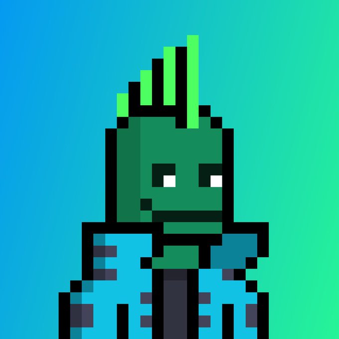 A pixel art green-skinned character with a spiky mohawk hairstyle and blue jacket against a teal gradient background.