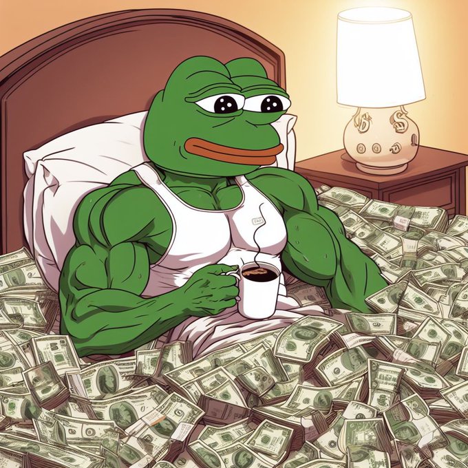 An illustration of a muscular Pepe the Frog wearing a white tank top, sitting in bed surrounded by piles of dollar bills and holding a mug of coffee.