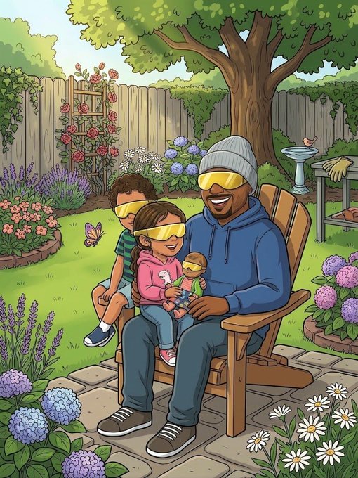 An illustrated scene of a man in a beanie and sunglasses sitting on a wooden chair in a garden with two children, surrounded by colorful flowers, a rose trellis, and a bird bath.