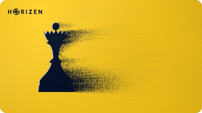A graphic showing the Horizen logo on a yellow background, featuring a black chess queen piece dissolving into particles on the right side.
