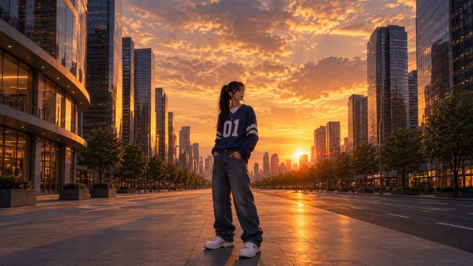 A digitally rendered or AI-generated image of a young woman in a blue '01' jersey and baggy jeans standing on a city street at sunset, surrounded by skyscrapers.