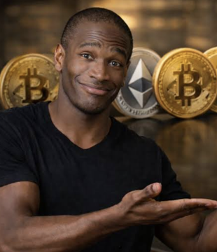 A muscular man gestures with an open palm toward floating Bitcoin and Ethereum coins, appearing to present or showcase the cryptocurrencies. The image visually reinforces the post's message about crypto assets like Bitcoin and Ethereum absorbing excess liquidity from potential AI-related financial bailouts.
