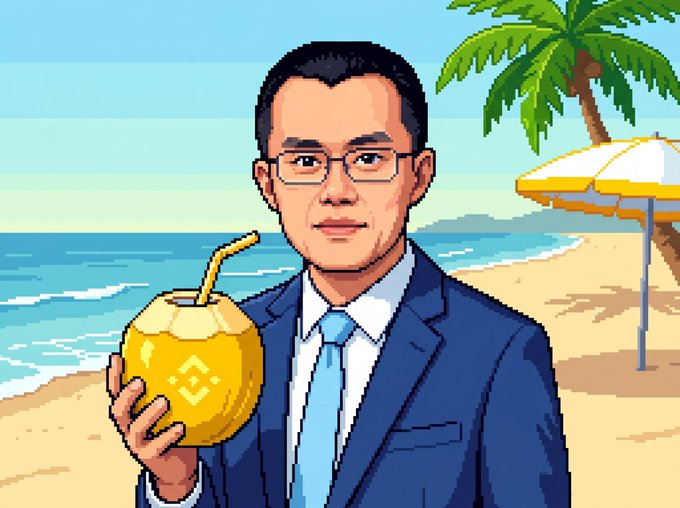 A pixel-art style image shows Changpeng Zhao ("CZ") in a blue suit and tie, wearing glasses, holding a fresh coconut drink on a tropical beach with a palm tree and yellow umbrella in the background, playfully celebrating a milestone related to his long-standing presence and contributions at Binance.