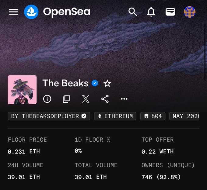 The image shows a screenshot of an OpenSea page, which displays information about a newly minted token called "thebeaksart" for sale at 0.03 eth and 0.23 eth. The post also mentions that the token has been received by the Jesters in WL GTD spots.